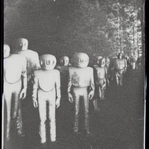 Image similar to really old polaroid photograph of horrorific extraterrestrial beings visiting earth,