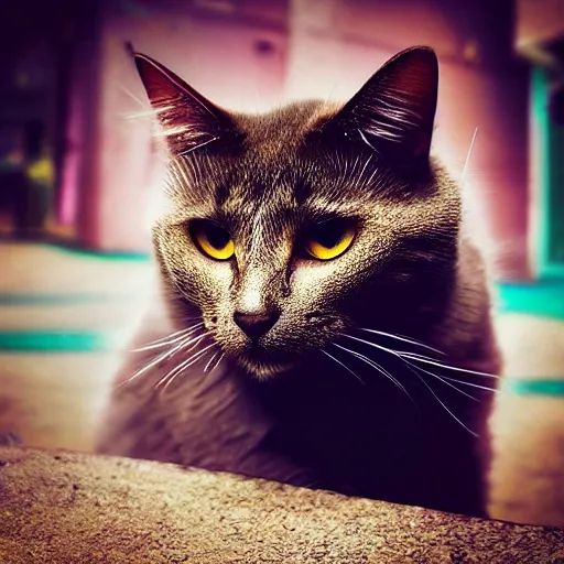 Prompt: “Photo of a cat wearing a pharaoh\'s headdress in an alley, synthwave, 8K, hyper realistic, award winning photo”