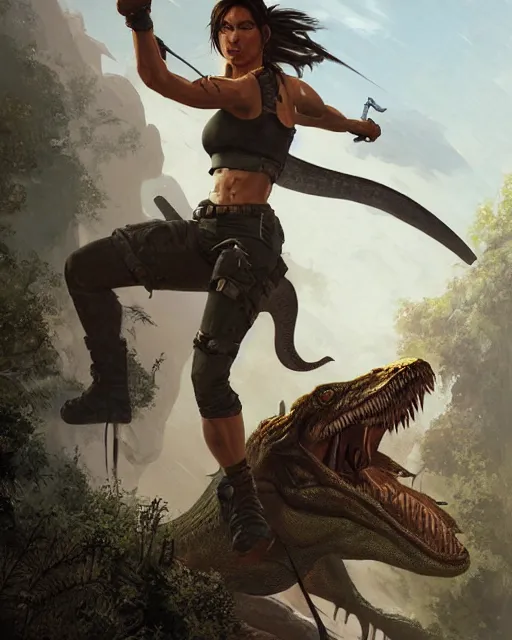 Image similar to lara croft fighting the tyrannosaurus rex | | realistic shaded, fine details, realistic shaded lighting poster by greg rutkowski, magali villeneuve, artgerm, jeremy lipkin and michael garmash and rob rey