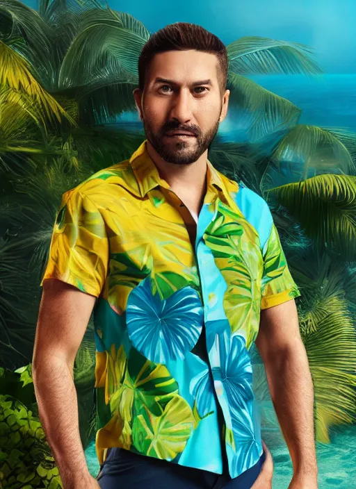 Prompt: 3 2 - year - old sporty man, short stubble, wearing tropical shirt and speedo, character design, octane render, 8 k, portrait