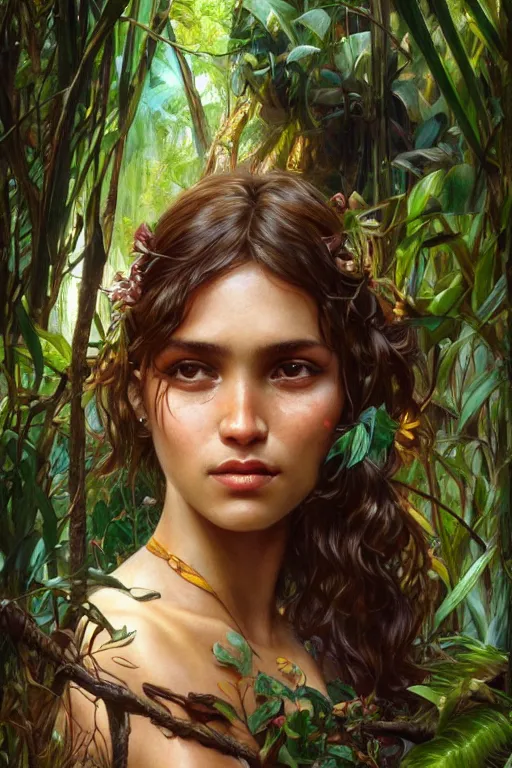 Prompt: ultra realistic illustration, bohemian brazilian girl in jungle, close up, staring directly into camera, intricate, elegant, highly detailed, digital painting, artstation, concept art, smooth, sharp focus, illustration, art by artgerm and greg rutkowski and alphonse mucha