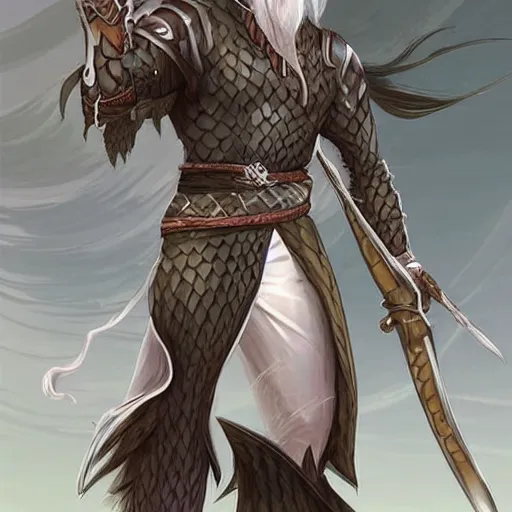 Prompt: a fantasy character with white hair. he looks like a snake.