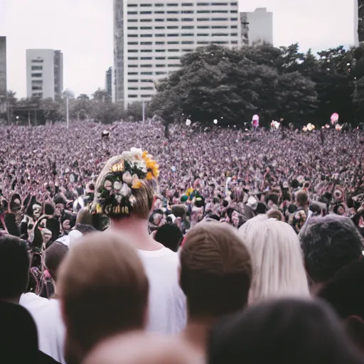 Image similar to kodak portra 4 0 0 photograph of a skinny blonde guy standing in crowd of black and white people, back view, flower crown, moody lighting, telephoto, 9 0 s vibe, blurry background, vaporwave colors, faded!,