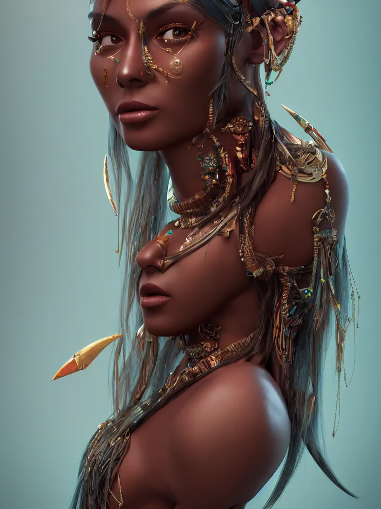 Image similar to a centered render of an alluring tribal goddess, full body, gorgeous face, perfect face, powerful, by anna dittmann, 3 d, trending on artstation, octane render, 8 k