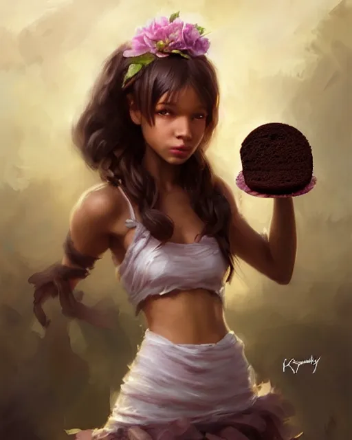 Image similar to a ( ( girl as personification of chocolate cupcake ) ), beauty, fantasy bakery, digital painting by krenz cushart, greg rutkowski, artgerm, laurie greasly, wlop, intricate, highly detailed!!, sharp focus, smooth, epic composition, joyful, unreal engine, masterpiece, 8 k, interesting background