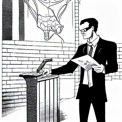 Prompt: spider-man giving speaking behind a pulpit in a Baptist church, comic book art
