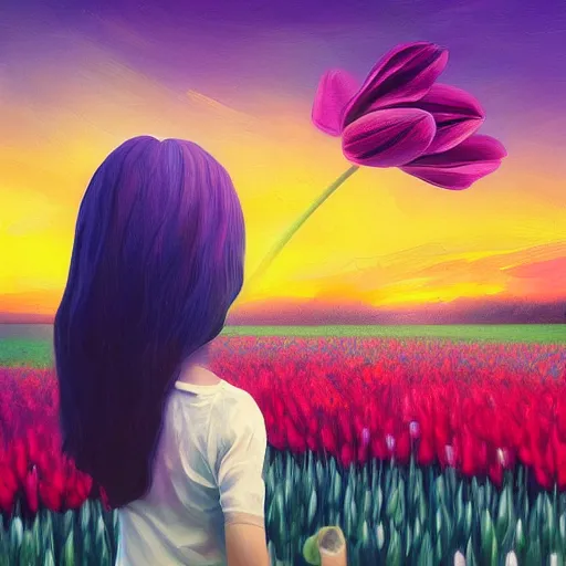 Image similar to girl with singular giant tulip as a head, surreal photography, flower field, sunset dramatic light, impressionist painting, colorful clouds, blue sky, digital painting, artstation, simon stalenhag