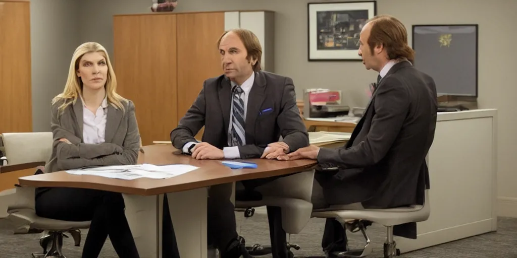 Prompt: saul goodman and kim wexler in severance office setting