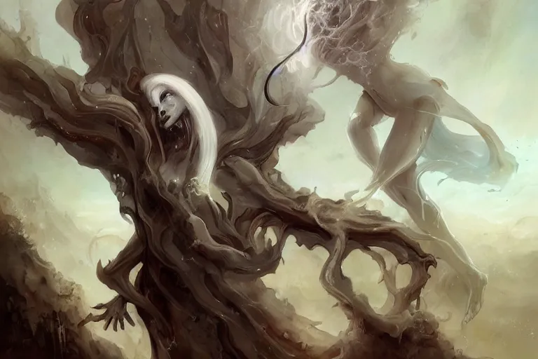 Image similar to a humanoid creature with pale white skin and a gaunt face. the creature is bald. the god of imagination. it is wearing a black flowing cloak that looks like mist. it is crafting an imaginary world. cosmic horror. art by peter mohrbacher.