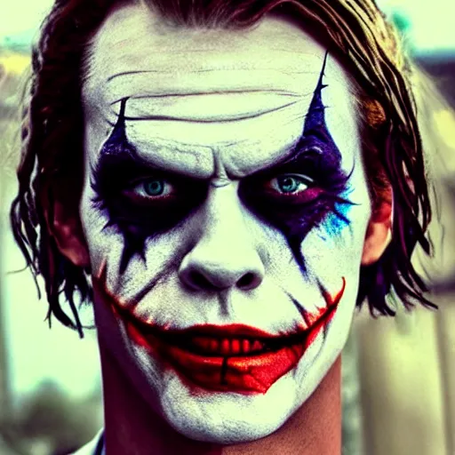 Prompt: Bill Skarsgard With scary face paint inspired by the joker hyper realistic 4K quality