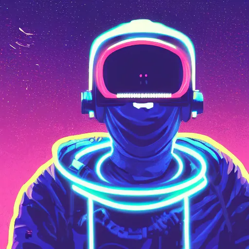 Prompt: in the style of ghostshrimp and deathburger and laurie greasley a young mixed race male explorer wearing a cyberpunk headpiece who is smiling whilst exploring a luminescent field at nighttime, low angle fish eye lens, highly detailed, 8k wallpaper