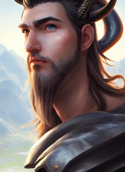 Image similar to portrait of a handsome young clean - shaven warrior with horns and long hair, epic landscape, realistic anime, highly detailed, unreal engine 5, 8 k, digital fantasy illustration, art by rossdraws, sharp focus, octane render, trending on artstation,
