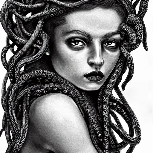 Prompt: medusa portrait painting, black and white, arstation, detailed, blurred background