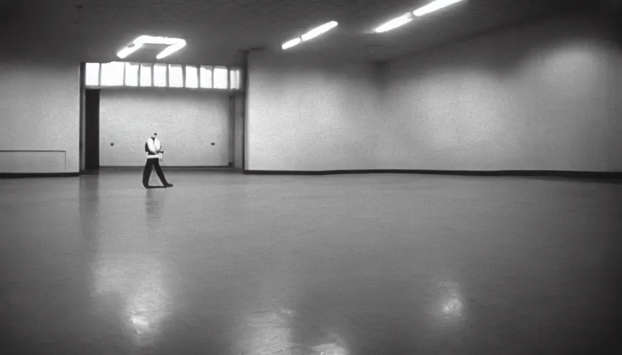 Prompt: 60s movie still of a sovietic stalinist style empty ballroom with one soviet guard standing, cinestill 800t 50mm eastmancolor, liminal Space style, heavy grain-s 150