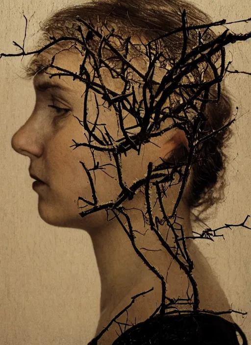 Image similar to a woman's face in profile, made of twigs, in the style of the dutch masters and gregory crewdson, dark and moody