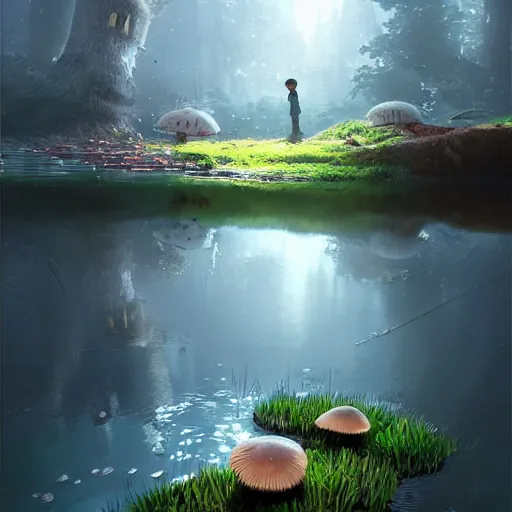 Prompt: a beautiful lake with cute little mushrooms growing around it, by roman shipunov, etienne hebinger, atey ghailan, cgsociety, cynical realism, fantasy art, 2 d game art