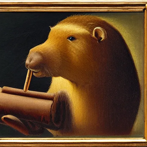 Image similar to capybara smoking a cigar, oil painting by leonardo da vinci