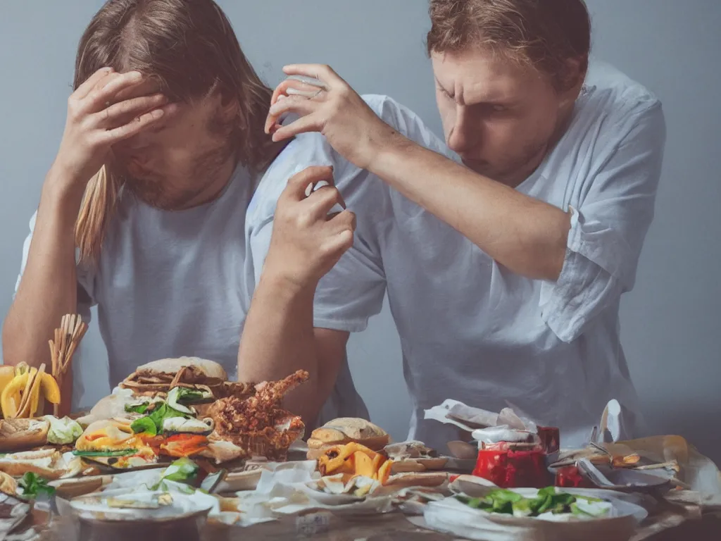 Prompt: artist on diet dramatically thinking about food but cannot eat