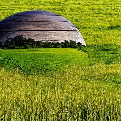 Prompt: a field with a house in the distance, a small stream flowing through the field, all inside a sphere