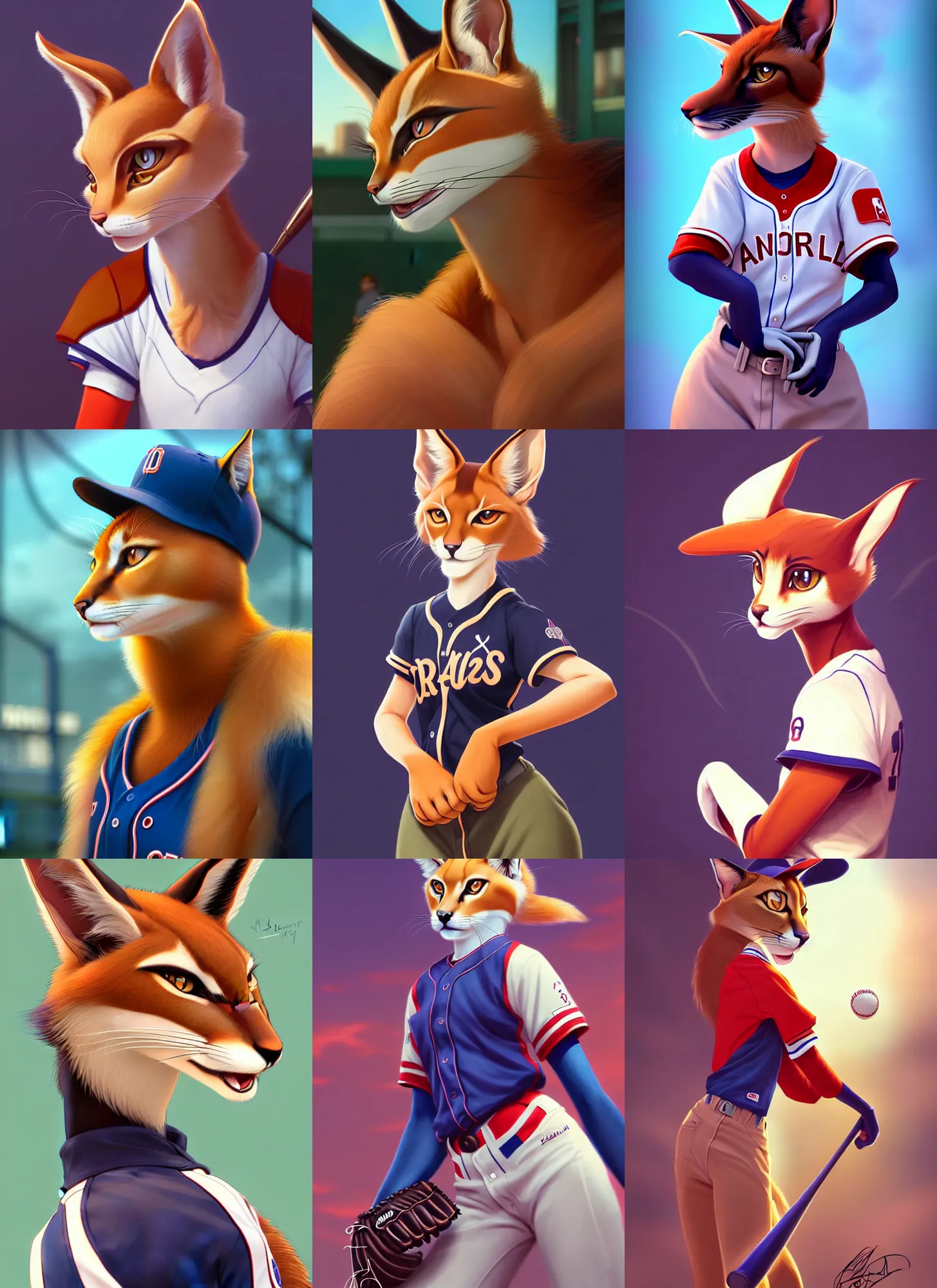 Prompt: beautiful portrait of a female anthropomorphic caracal fursona wearing a baseball uniform. baseball stadium background. character design by disney, charlie bowater, ross tran, artgerm, and makoto shinkai, detailed, soft lighting, rendered in octane