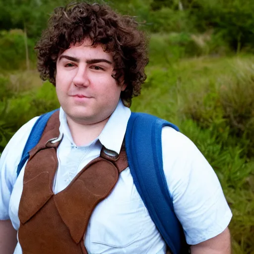 Image similar to close up headshot of a frowning clean shaven pudgy British lad with short curly dark brown hair as a hobbit wearing a white men's crossbody sling chest bag and blue vest, blue vest!! white crossbody chestbag!! high resolution film still, by Alexandra Nataf
