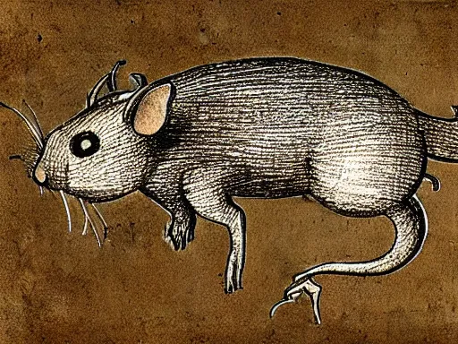 Image similar to highly detailed technical drawing of a rat, schematic, blueprint, pencil, sepia, old paper, art by leonardo da vinci