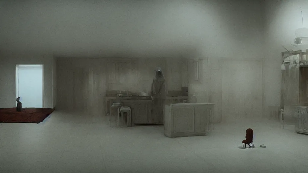 Image similar to the bug reaches inside our kitchen, film still from the movie directed by Denis Villeneuve with art direction by Zdzisław Beksiński, surreal wide lens