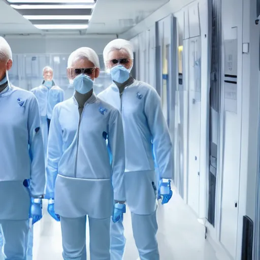 Image similar to troop of identical athletic humans with white hair wearing tight light blue neopren suits, in formation, futuristic chemistry lab, sci - fi, highly detailed, hyperrealistic