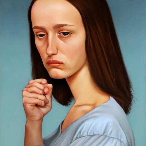 Prompt: a beautiful portrait of a tired, sickly, thin young woman with balding brown hair, by greg hildebrandt