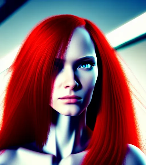 Image similar to realistic detailed profile portrait of a young beautiful cyberpunk woman with long red hair wearing a silver dress by family guy