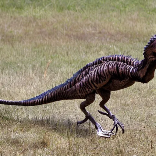 Image similar to a photograph of a velociraptor with feathers