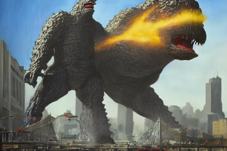 Image similar to giant buster keaton in the city, battling godzilla with clever acrobatics. color fantasy painting, highly detailed, trending on artstation