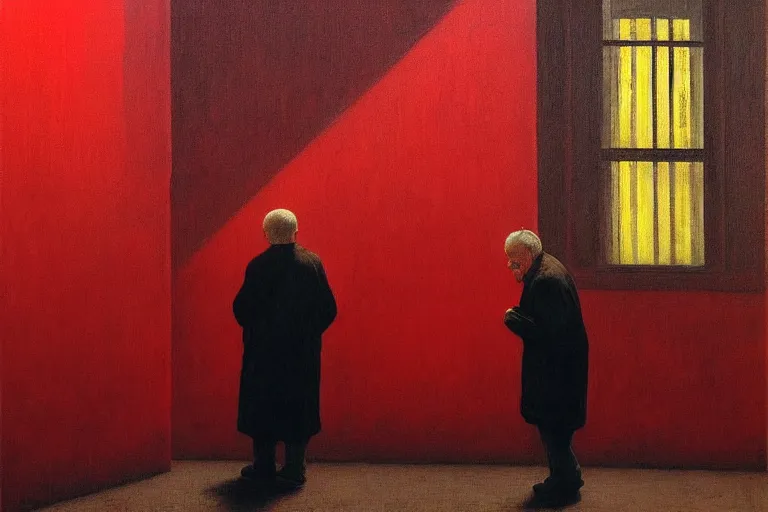 Image similar to only with red, a red old man try to sell a portrait, cheering crowd, in a old city square, in the style of beksinski, parts by edward hopper, parts by rodcenko, parts by yue minjun, intricate and epic composition, red by caravaggio, insanely quality, highly detailed, masterpiece, red light, artstation, 4 k