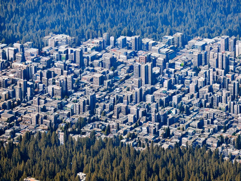 Prompt: bird's eye view photo of a metropolis highrise city, redwood forest separating from industrial district