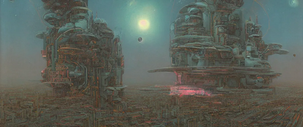 Image similar to a wide shot of a large distant hi-tech sci-fi spaceship from the outside, with a lot of bright color lights, bridges, turrets, pipes, orbiting a gas giant planet, beautiful, volumetric light, photography, color, intricate, extremely detailed, photorealistic, a painting by Beksinski