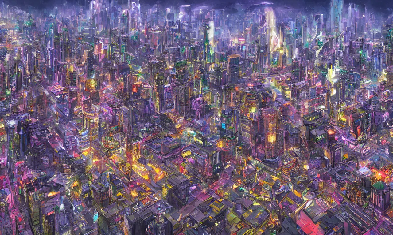 Image similar to futuristic city, illustration painting, oil on canvas, intricate, hd, digital art, overdetailed art, complementing colors, detailed, illustration painting by alex gray, digital art, syd meade