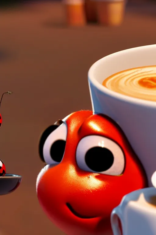 Image similar to a red ladybug with big eyes on side of a cup of coffee at picnic. pixar disney 4 k 3 d render movie oscar winning trending on artstation and behance. ratatouille style.