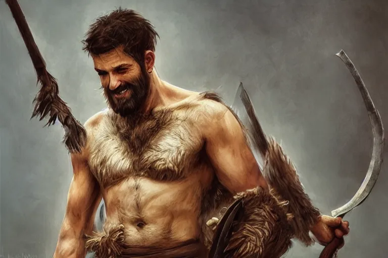 Image similar to photorealistic full body portrait of a gruff ranger with a spear, lean and toned, handsome face, hairy chest and hairy body, D&D, intricate, elegant, highly detailed, digital painting, artstation, concept art, matte, sharp focus, chiaroscuro, well list, illustration, art by Artgerm and Greg Rutkowski and Alphonse Mucha