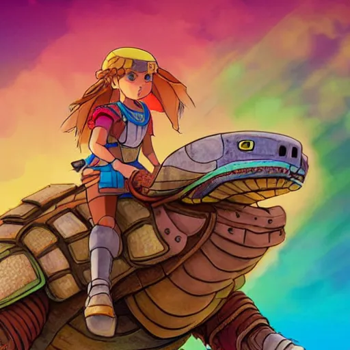 Prompt: portrait of a little warrior girl character riding on top of a giant armored turtle in the desert, studio ghibli epic character, bright colors, diffuse light, dramatic landscape, fantasy illustration