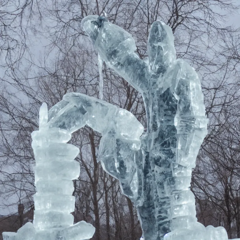 Prompt: ice sculpture of a headless horseman