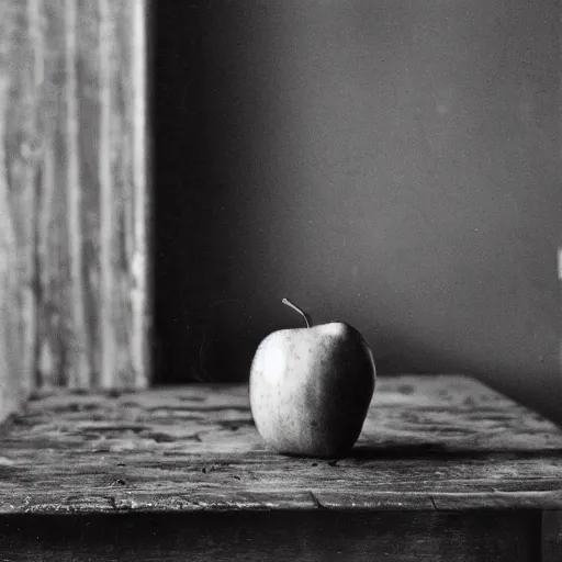 Prompt: A collodion-styled photograph of a surrealist scene of an apple in a room with some strange objects scattered around, shallow depth of field, wide-angle lens