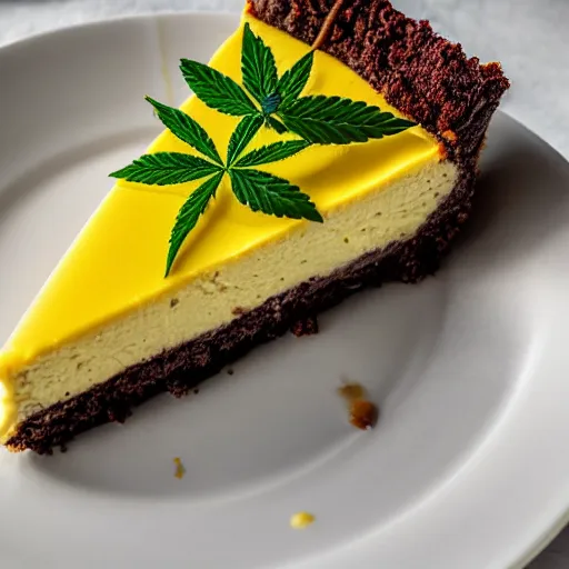 Prompt: close view of a delicious sweet and perfect marijuana cheesecake piece, award winning, 4 k, beautiful