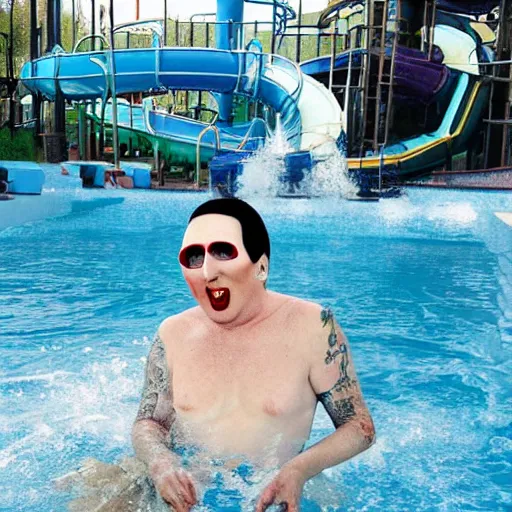 Prompt: marilyn manson working at the waterpark
