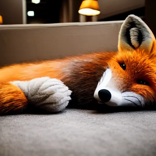 Prompt: a fox fursuit laying on the floor in a fancy hotel lobby, studio lighting Canon f/1.8 aperture cinematic 32mm lens