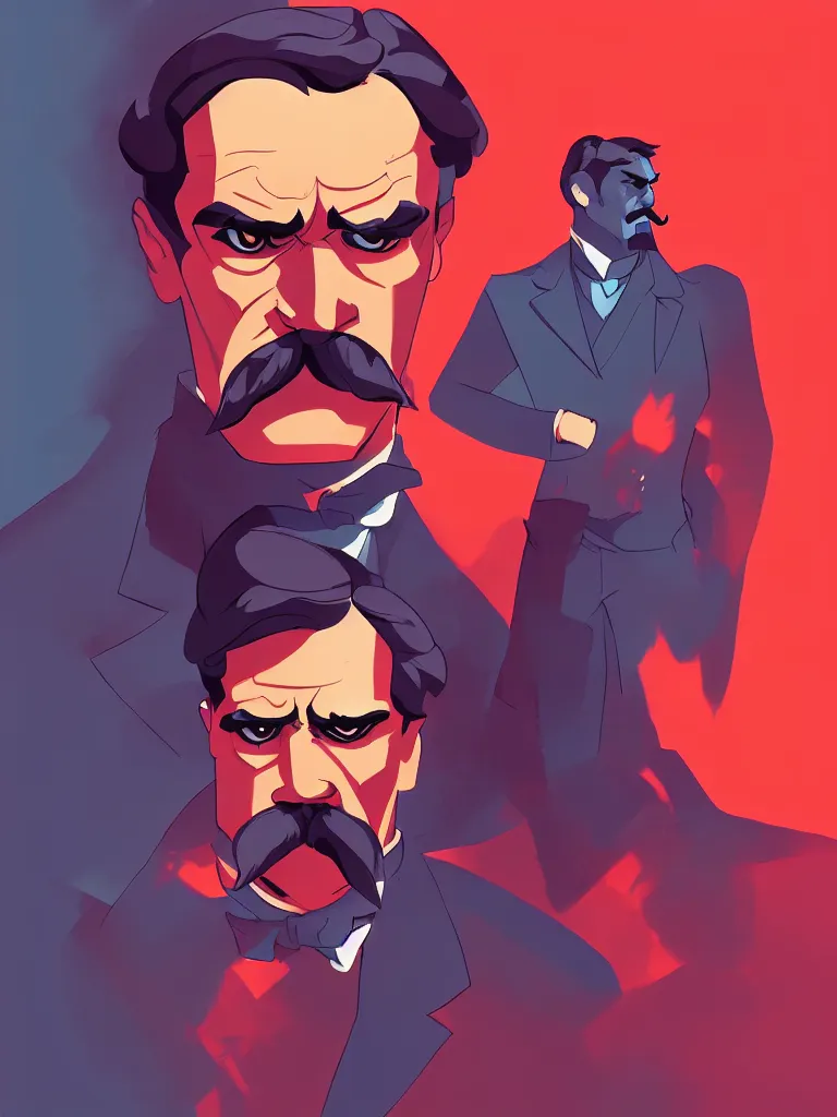Prompt: character art of Friedrich Nietzsche with a chiseled Jawline and serious Look in his Suit, in the Style of Artgerm and Mike Mignola and Atey Ghailan, rimlight, vibrant colors, hard shadows, Comic Cover Art, trending on artstation
