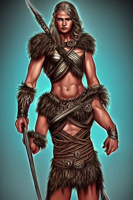 Prompt: full body portrait, thin muscular viking amazon warrior woman, 6 pack ab, symmetrical beautiful face, relaxed pose. fantasy illustration