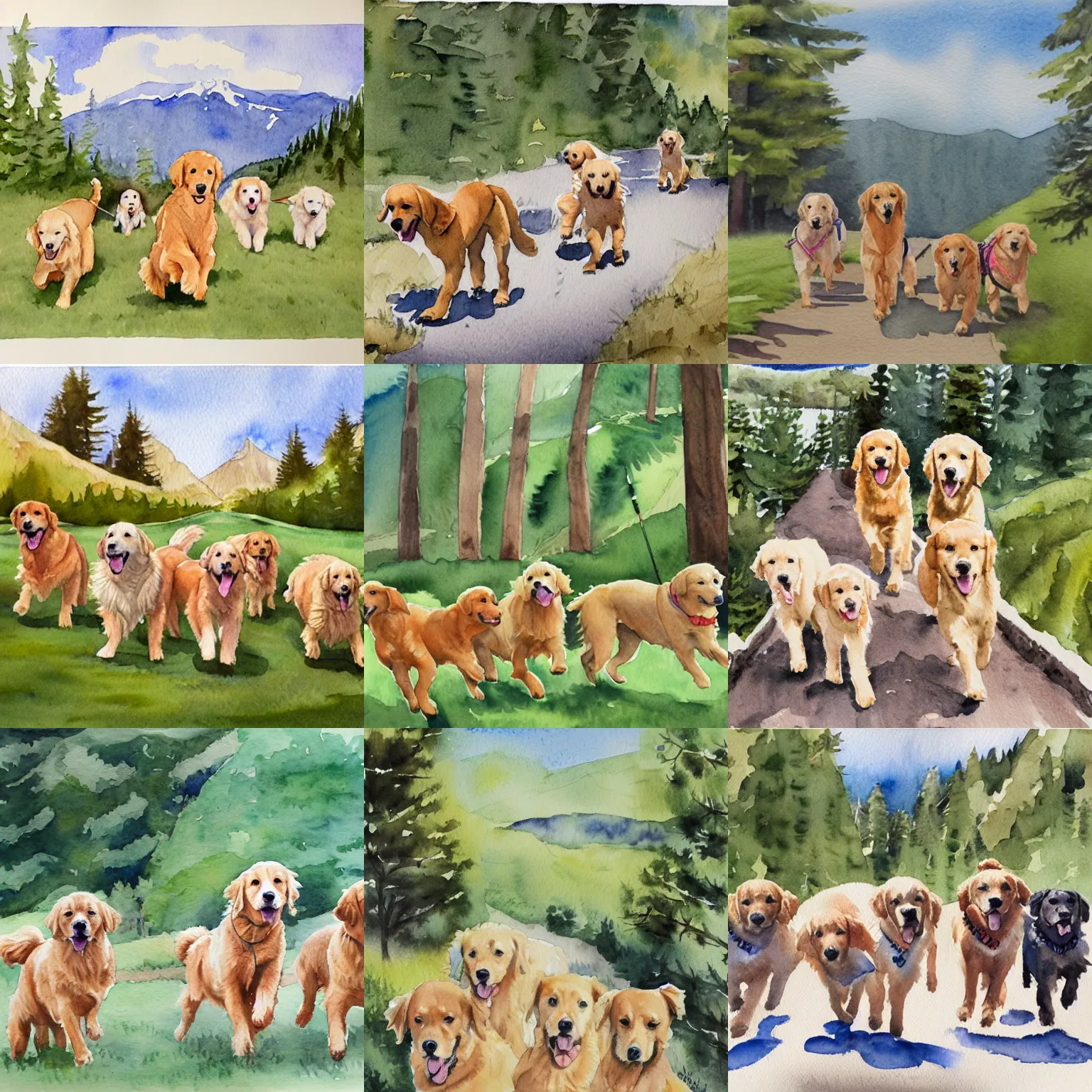 Prompt: a watercolor of a group of golden retrievers going on a hiking adventure.