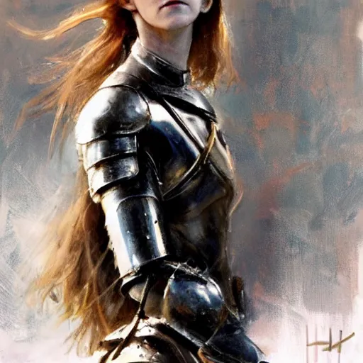 Image similar to close up of emma watson in full leather armor, cinematographic shot, by daniel f. gerhartz