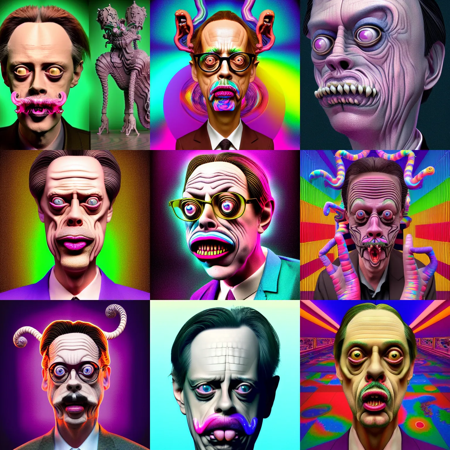 Prompt: an intricate 3 d render of steve buscemi poorly disguised as a chimera in the style of junji ito and lisa frank on beeple, escher, detailed, ornate, cinematic, studio lighting, magic realism, artstationhq, unreal engine 5, volumetric fog, volumetric light