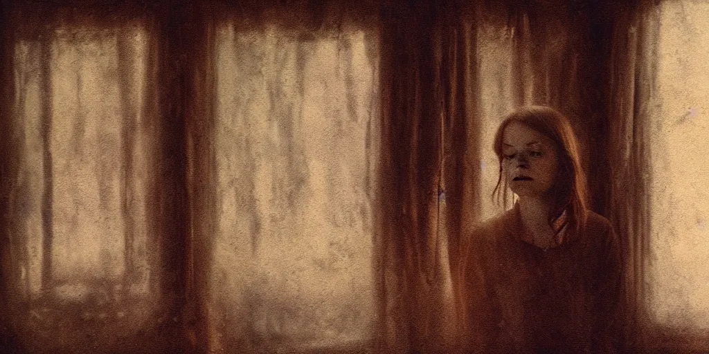 Image similar to portrait bust of emma stone, solemn expression, faded color film, russian cinema, tarkovsky, kodachrome, old cabin, next to window, heavy forest outside, long brown hair, old clothing, heavy fog, hudson river school, 4 k, dramatic lighting, greg rutkowski